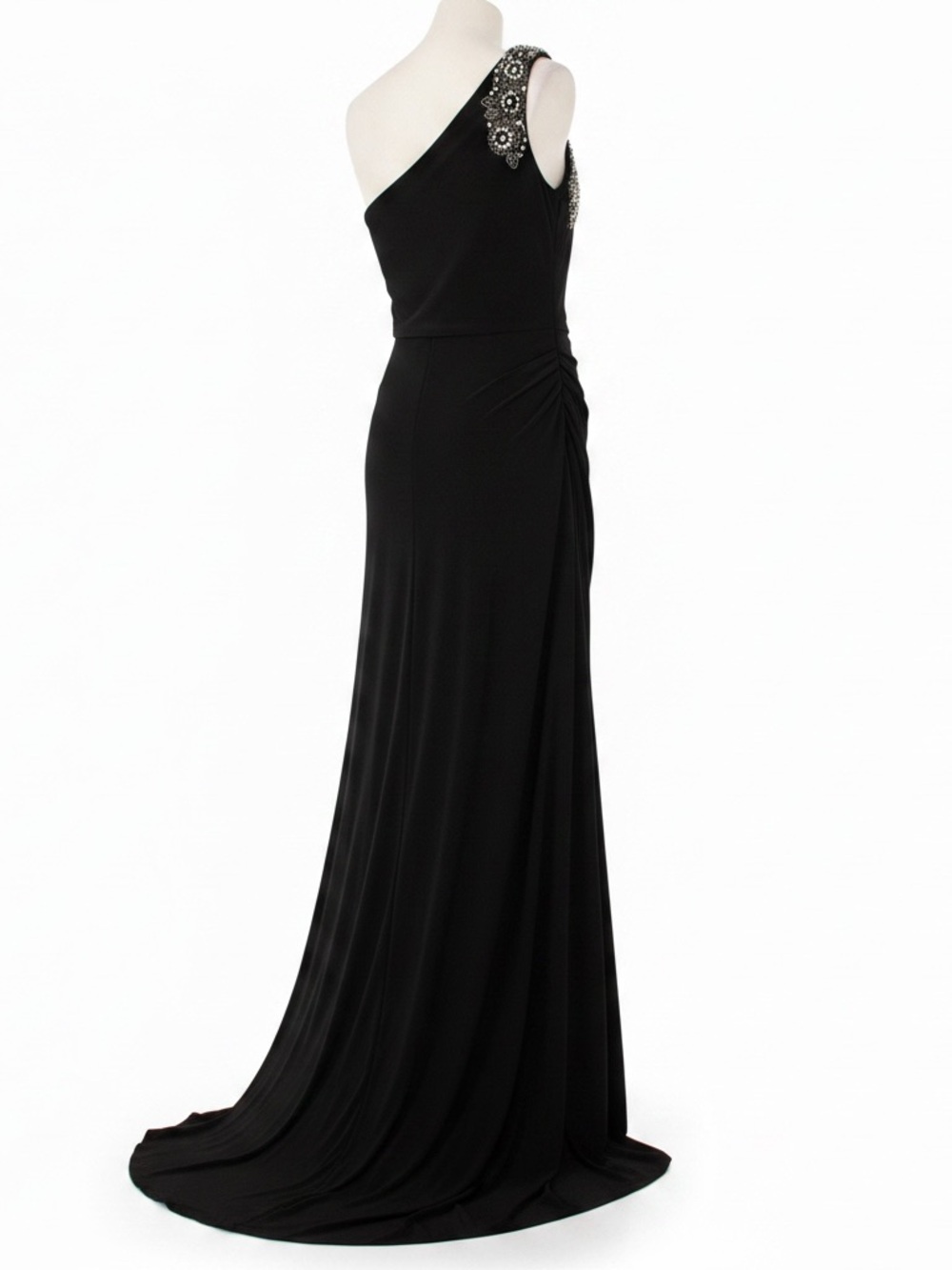 Vince Camuto Black One-Shoulder Evening Gown with Beaded Shoulder